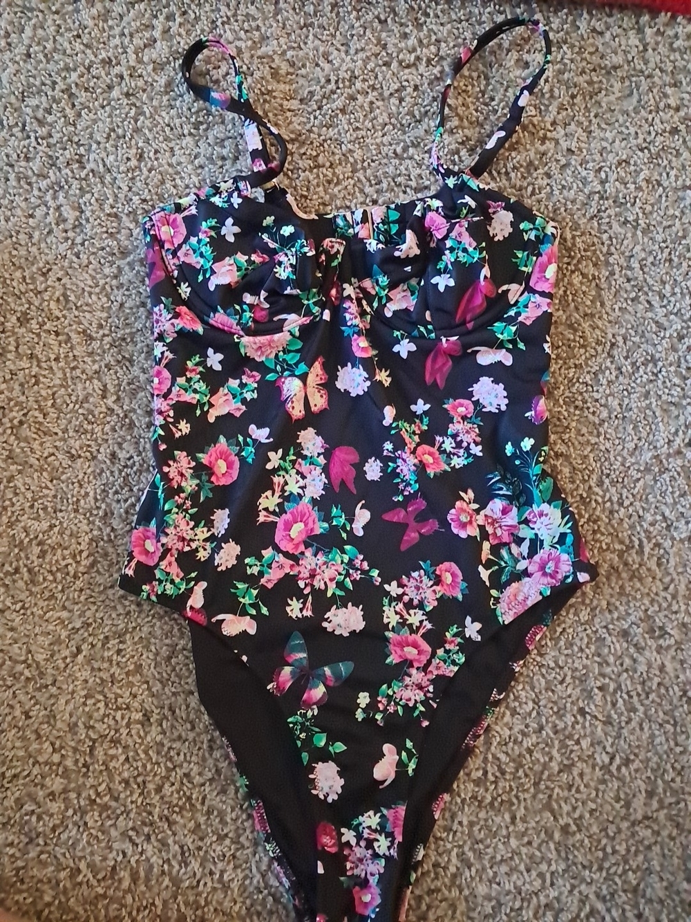 Victoria's Secret Black One-Piece with Pink and Teal Floral Trim